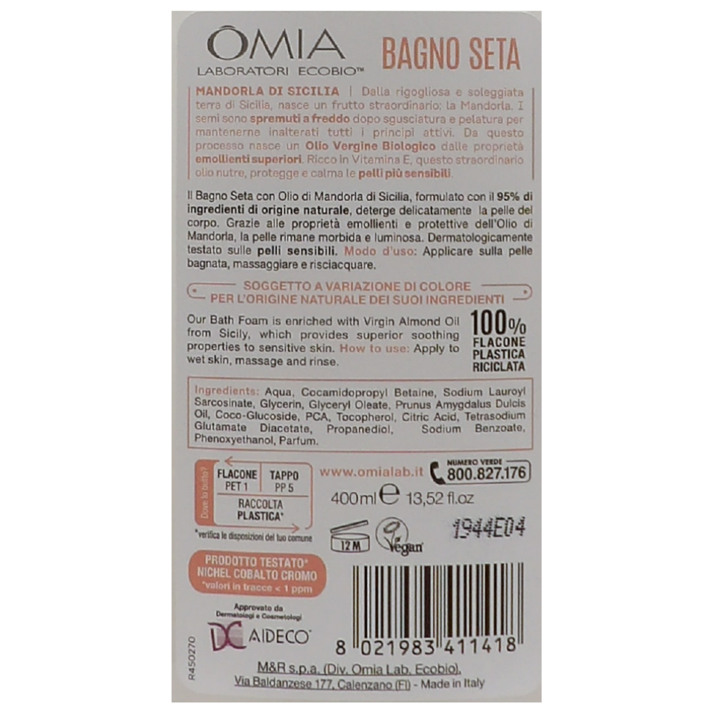 OMIA Bagno Seta Erboristico, All'Olio Di MANDORLA, Olio Biologico Estratto a Freddo. 0% Sapone, Sles e Peg 400ml