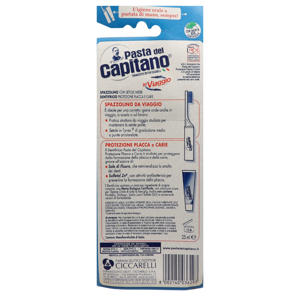 PASTA DEL CAPITANO Kit da Viaggio Composto da Spazzolino e Dentifricio Placca e Carie da 25 ml, Ottimo per l'Igiene Orale Sempre a Portata di Mano