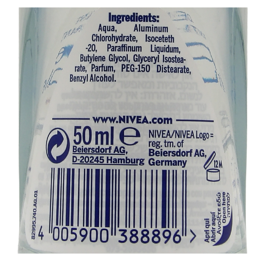 NIVEA Deodorante Roll-on Pure Invisible, Formula Innovativa e Trasparente, Non Lascia Residui Visibili sulla Pelle e sui Vestiti, Protegge Efficacemente, 50ml