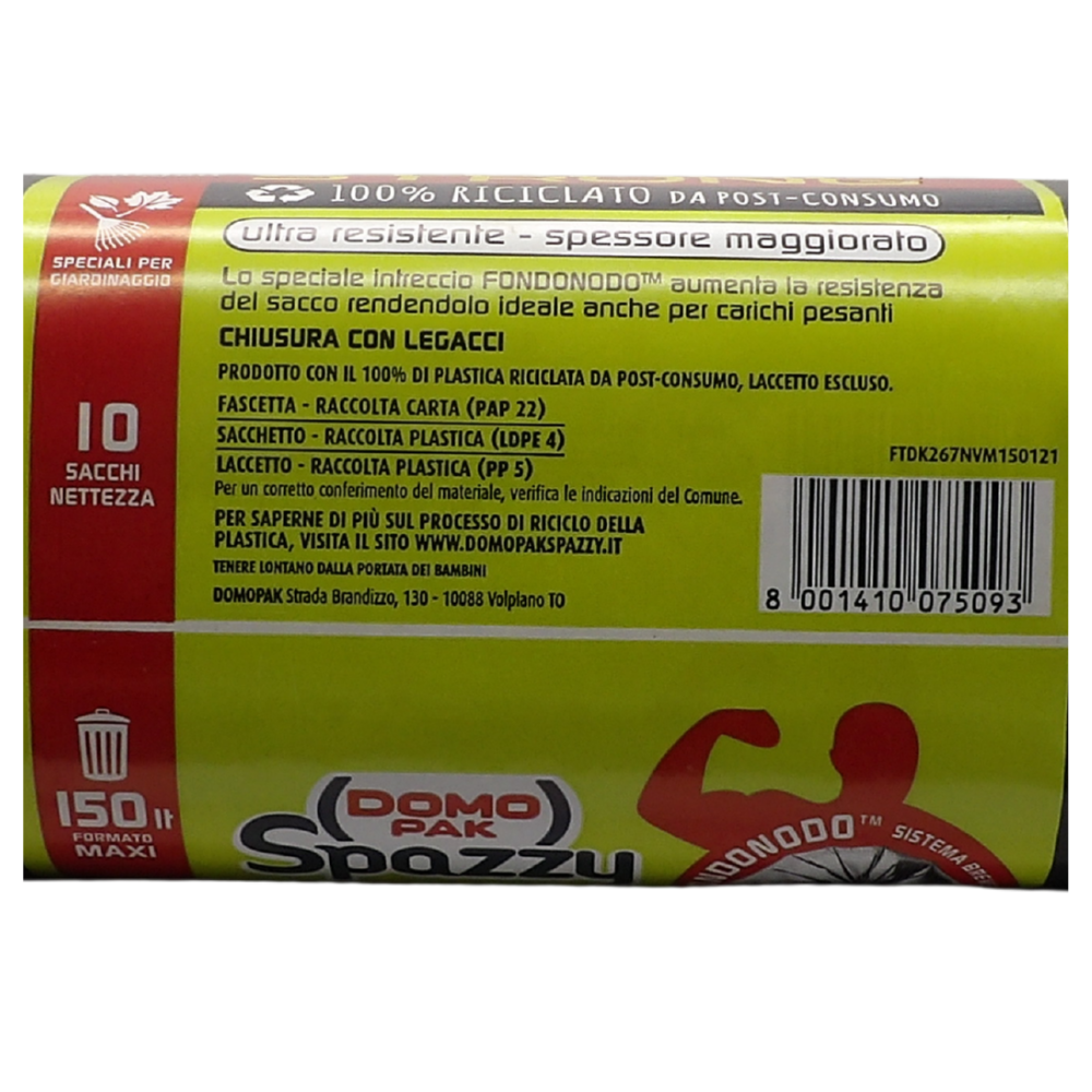 DOMOPAK Sacchi Nettezza MAXI STRONG, Formato 150L, Misura 80x120 cm. Ultra Resistente - Spessore Maggiorato. Rotolo Da 10 Sacchi Neri (Rotolo)