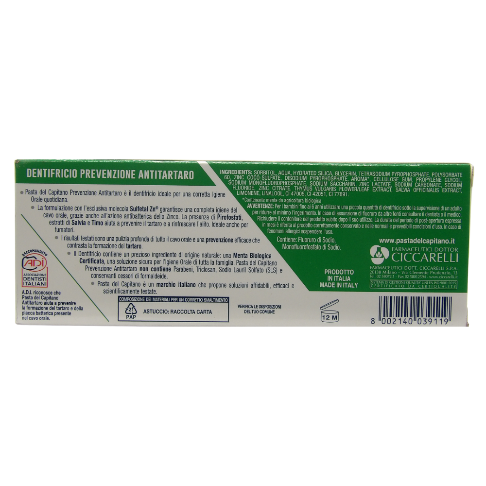 PASTA DEL CAPITANO Dentifricio ANTITARTARO, Rinfresca L'Alito, Ideale Per Fumatori, Aiuta a Prevenire La Placca. Con Pirofosfati, Salvia e Timo, Sulfetal Zn e Menta Bio Certificata 75ml