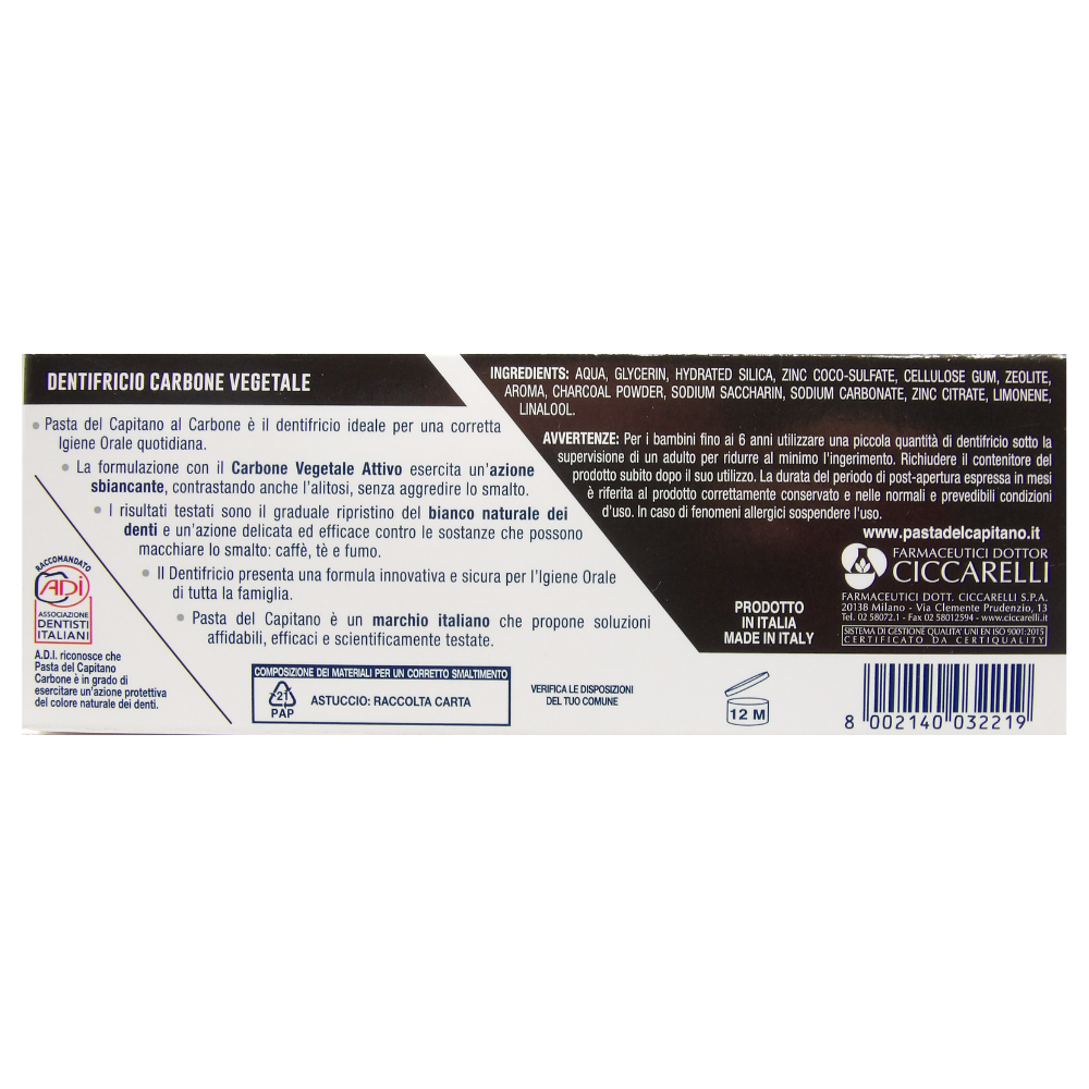 PASTA DEL CAPITANO Dentifricio CARBONE Vegetale Attivo Bio, Sbiancante Naturale Dei Denti In Pasta Nera, Efficace Contro Le Sostanze Che Macchiano Lo Smalto, Tubetto da 75 ml