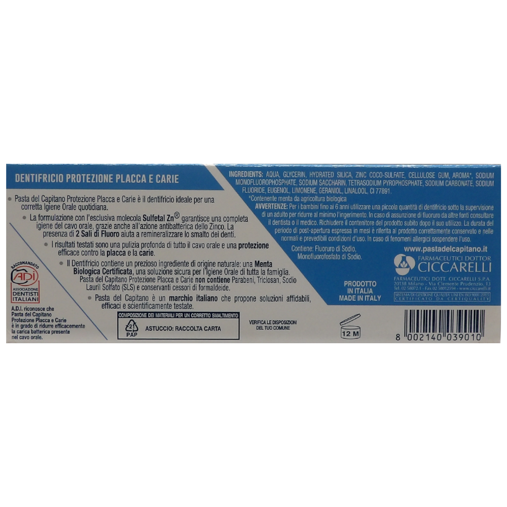 PASTA DEL CAPITANO Dentifricio PLACCA E CARIE Bio, Protegge Denti e Gengive, Soluzione Ideale Contro Placca e Carie, Aiuta a Remineralizzare Lo Smalto. Con 2 Sali Di Fluoro e Sulfetal Zn, Tubetto da 75 ml