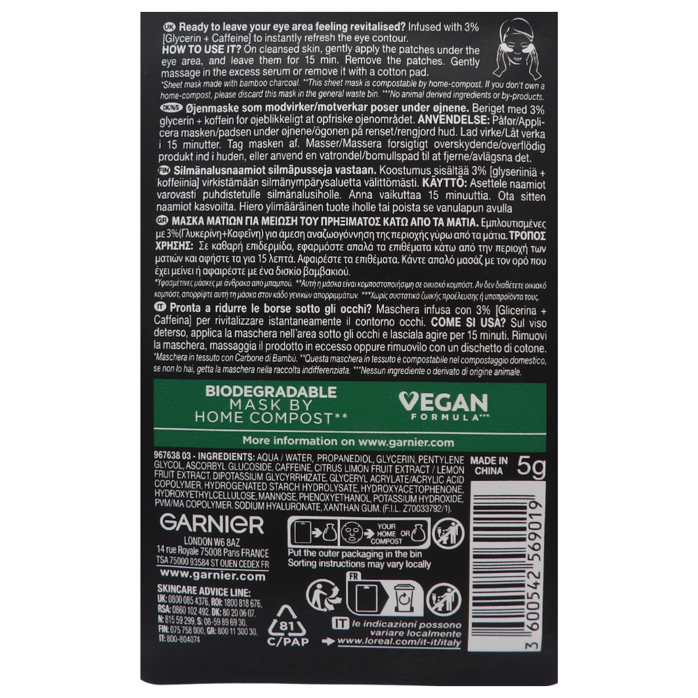 GARNIER Maschera In Tessuto Occhi Rivitalizzante+caffeina