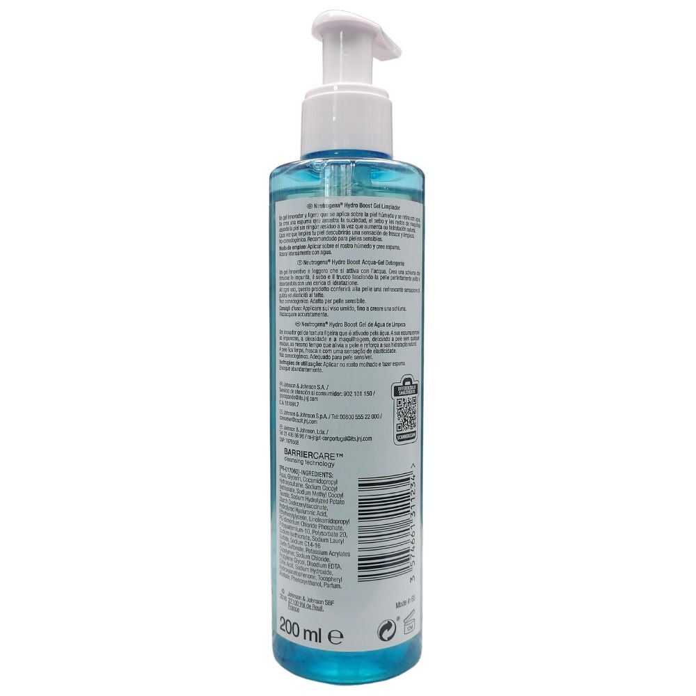 NEUTROGENA, Hydro Boost Acqua Gel Detergente Viso, Detergente schiumogeno viso con Acido Ialuronico e agenti idratanti, Gel detergente con azione struccante, 200 ml