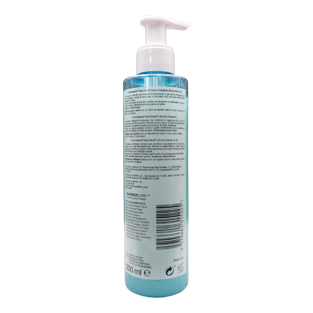 NEUTROGENA, Hydro Boost Latte Gel Detergente Viso, Detergente schiumogeno viso con Acido Ialuronico e agenti idratanti, Latte detergente viso con azione struccante, 200 ml