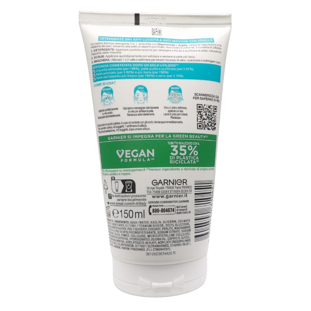 GARNIER Maschera 3in1 Argilla, Per Pelli Miste e Con Imperfezioni, Effetto Purificante e Anti-Brufoli, Impurità Rimosse e Pelle Uniforme, Con Argilla e Acido Salicilico, Pure Active, 150 ml
