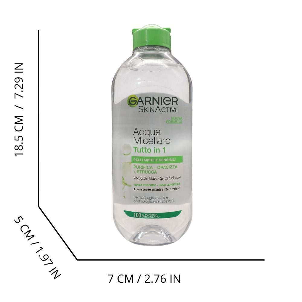 GARNIER Acqua Micellare Per Pelli Miste e Sensibili, Tutto In 1: Purifica, Opacizza e Strucca. Senza Profumo - Ipoallergenico. Azione Seboregolatrice 400ml.