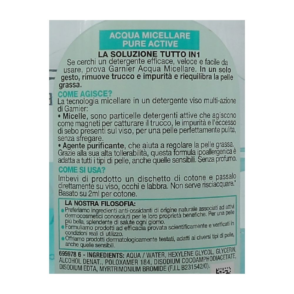 GARNIER Skin Active Pure Acqua Micellare Viso Pelli Miste Maxi Formato 400ml