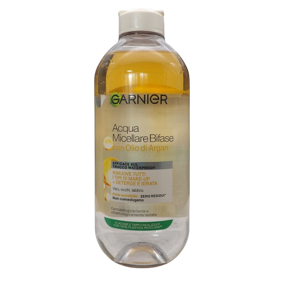 GARNIER Skin Active Acqua Micellare Bifase Con Olio D'argan, per Trucco Waterproof ad Azione Struccante Detergente Idratante Senza Risciacquo per Viso Occhi Labbra con Formula Senza Profumo, 400ml.
