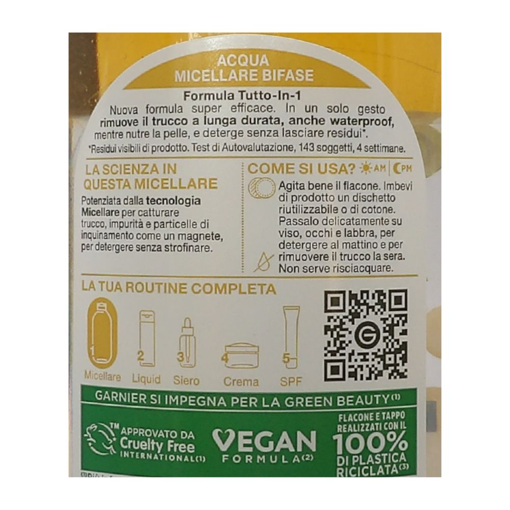 GARNIER Skin Active Acqua Micellare Bifase Con Olio D'argan, per Trucco Waterproof ad Azione Struccante Detergente Idratante Senza Risciacquo per Viso Occhi Labbra con Formula Senza Profumo, 400ml.