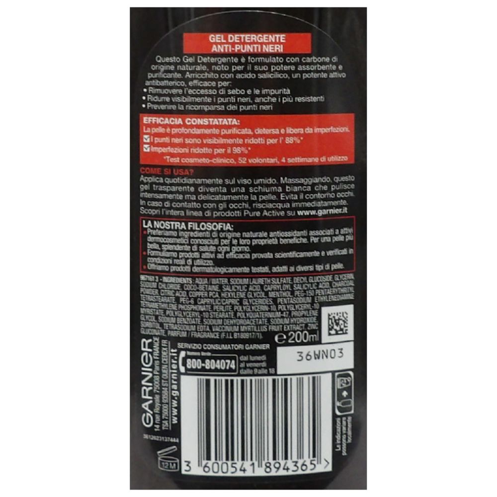 GARNIER Gel Anti-imperfezioni Pure Active Intense, Rimuove Punti Neri Ed Eccesso Di Sebo, 200 ml.