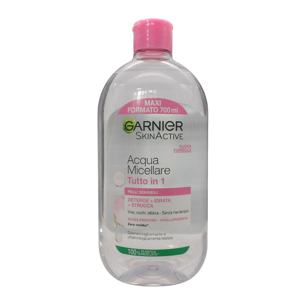 GARNIER SkinActive Acqua Micellare Tutto in 1, Per Pelli Sensibili, 100% del Trucco Rimosso, Pelle Detersa e Idratata per 12H, Senza Residui e Senza Risciacquo, Con Micelle e Glicerina, 700 ml