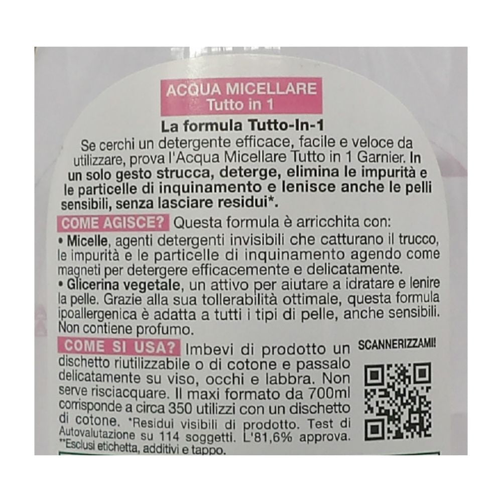 GARNIER SkinActive Acqua Micellare Tutto in 1, Per Pelli Sensibili, 100% del Trucco Rimosso, Pelle Detersa e Idratata per 12H, Senza Residui e Senza Risciacquo, Con Micelle e Glicerina, 700 ml