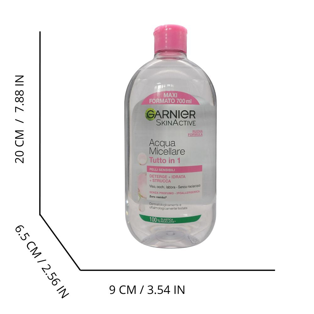 GARNIER SkinActive Acqua Micellare Tutto in 1, Per Pelli Sensibili, 100% del Trucco Rimosso, Pelle Detersa e Idratata per 12H, Senza Residui e Senza Risciacquo, Con Micelle e Glicerina, 700 ml