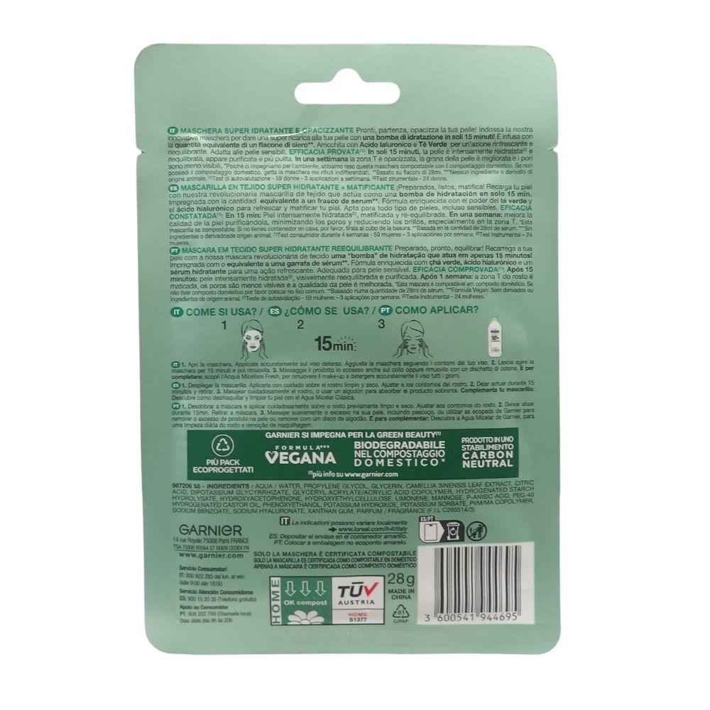 GARNIER Skinactive Hydra Bomb Super Idratante Opacizzante per pelli miste o grasse, Maschera In Tessuto con Acido Ialuronico + Tè Verde 28g
