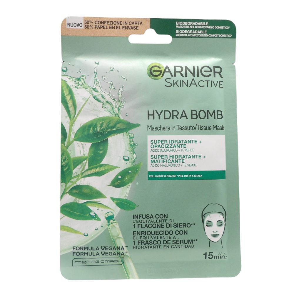 GARNIER Skinactive Hydra Bomb Super Idratante Opacizzante per pelli miste o grasse, Maschera In Tessuto con Acido Ialuronico + Tè Verde 28g