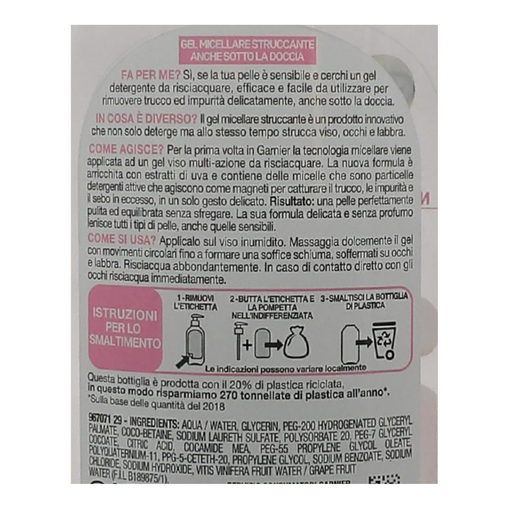 GARNIER Skin Active Gel Micellare Struccante Viso Pelli Sensibili 200ml