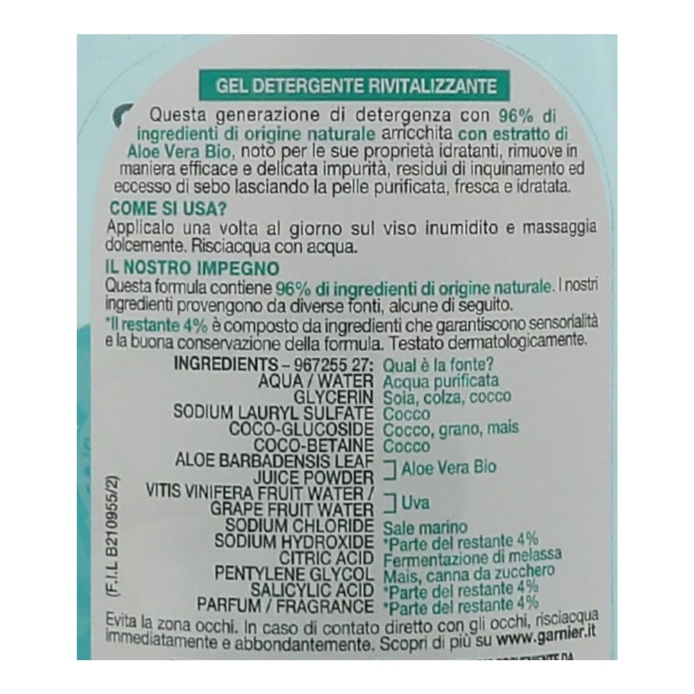 GARNIER Skin Active Gel Detergente Viso Rivitalizzante Con Aloe Vera Bio 200ml