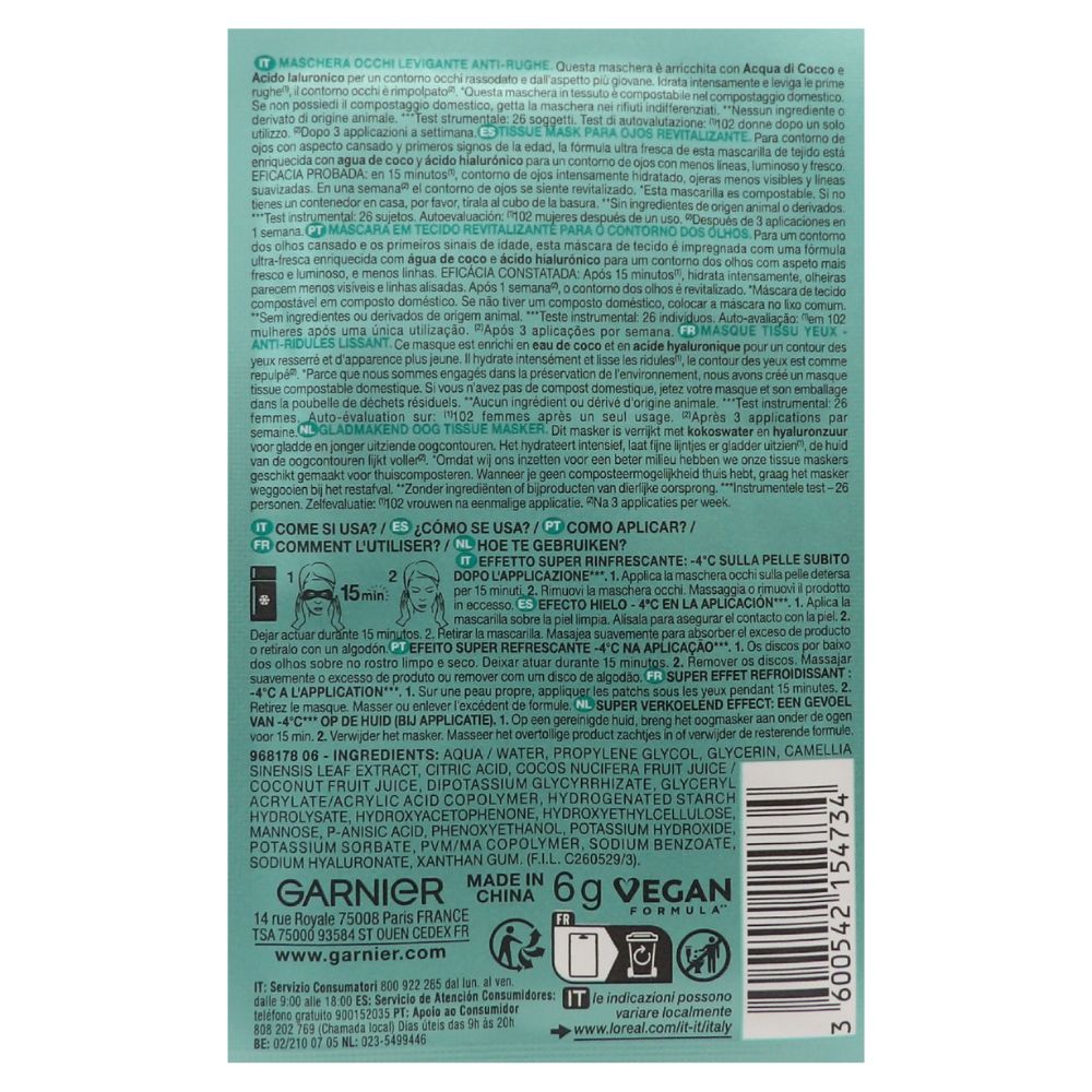 GARNIER Maschera Contorno Occhi con Acqua di Cocco - Effetto Ghiaccio - Illuminante