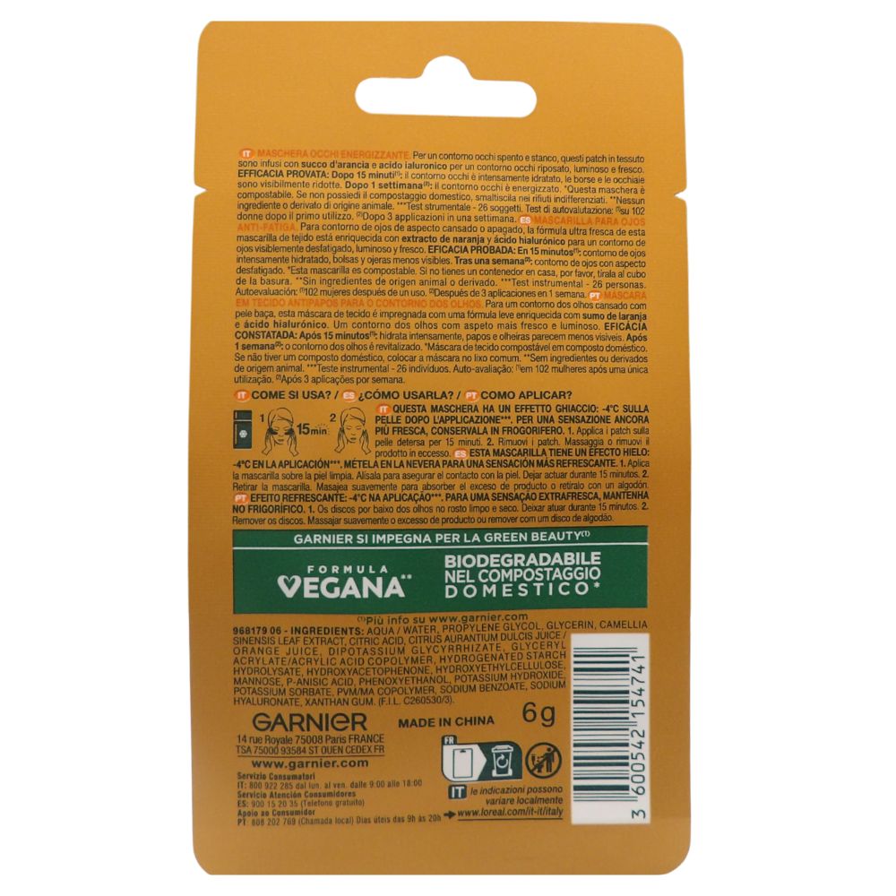 GARNIER SkinActive Maschera Contorno Occhi Anti-Fatica con Succo d'Arancia e Acido Ialuronico per Occhi Spenti e Stanchi Effetto Ghiaccio