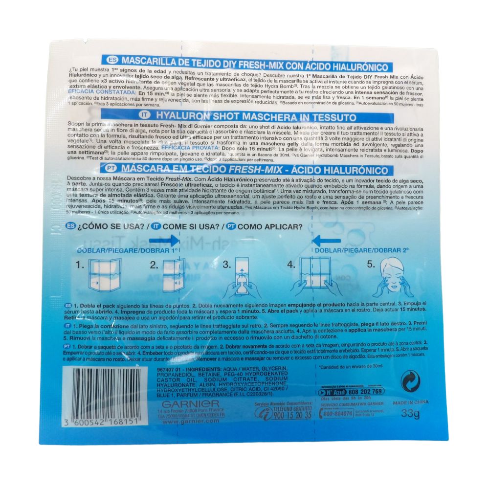 GARNIER Skin Active Hyaluron Shot - Maschera in tessuto con acido ialuronico