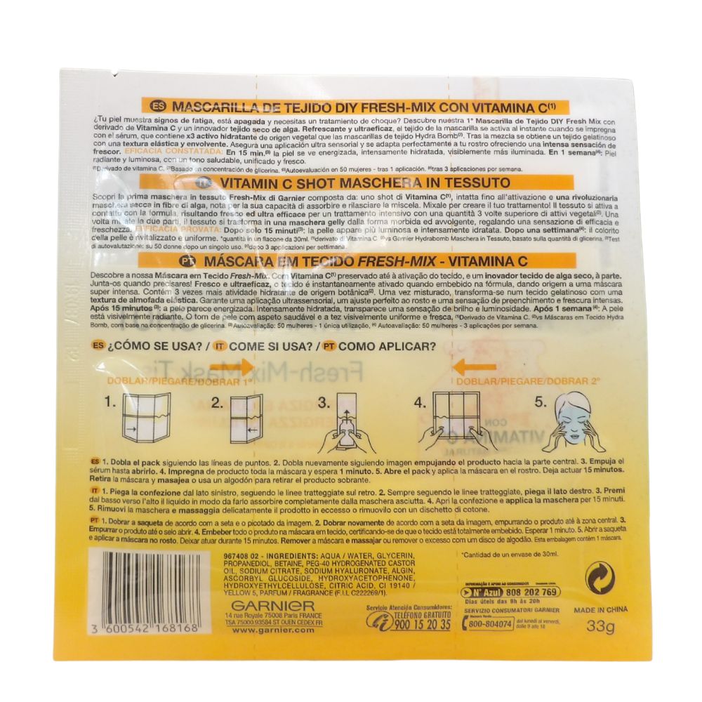 GARNIER Skinactive Maschera in Tessuto Fresh Mix Arricchita con Vitamina C, Pelle Illuminata ed Energizzata