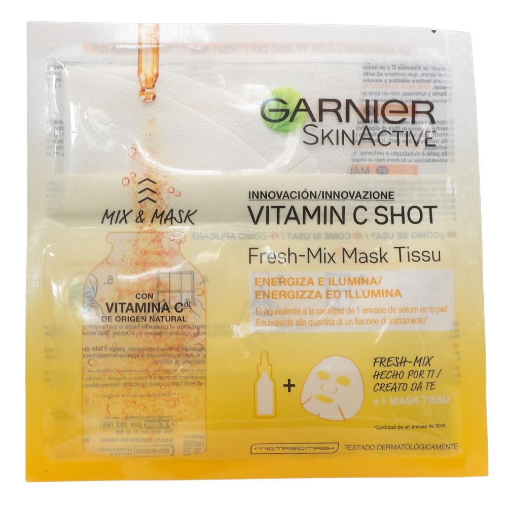 GARNIER Skinactive Maschera in Tessuto Fresh Mix Arricchita con Vitamina C, Pelle Illuminata ed Energizzata