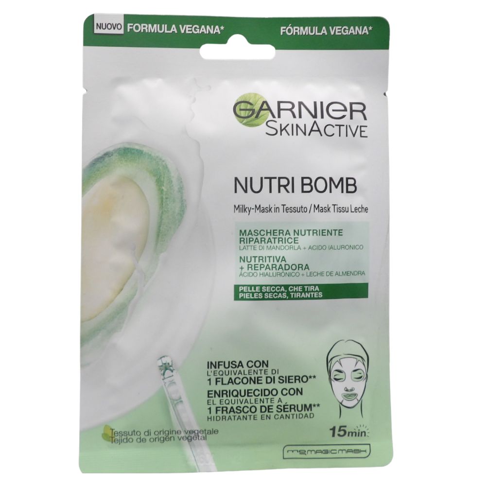 GARNIER Maschera in panno maschera viso per pelle secca ed eccitante, cura intensiva e rigenerazione, formula vegana con latte di mandorle e acido ialuronico, Nutri Bomb, 28 g