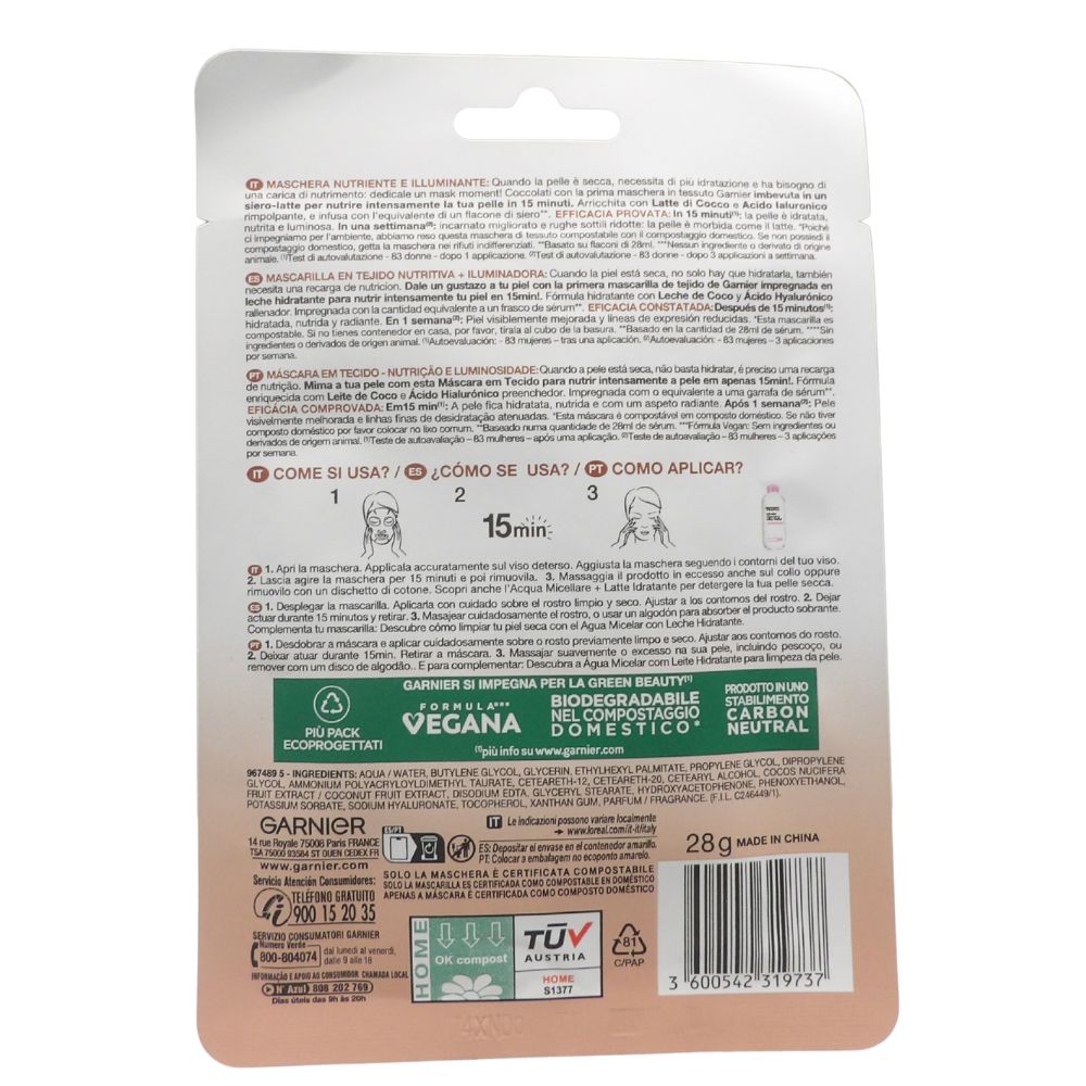 GARNIER Maschera in Tessuto Nutriente e Illuminante Skin Active Nutri Bomb, Per Pelli Secche e Spente, Effetto Rimpolpante, Con Latte di Cocco e Acido Ialuronico