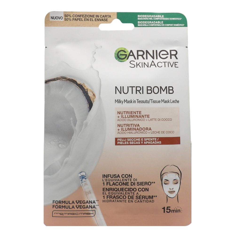 GARNIER Maschera in Tessuto Nutriente e Illuminante Skin Active Nutri Bomb, Per Pelli Secche e Spente, Effetto Rimpolpante, Con Latte di Cocco e Acido Ialuronico