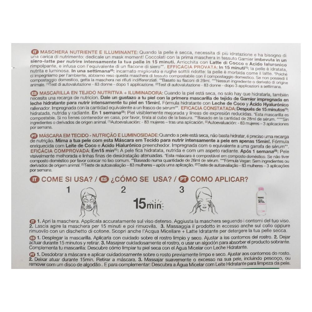 GARNIER Maschera in Tessuto Nutriente e Illuminante Skin Active Nutri Bomb, Per Pelli Secche e Spente, Effetto Rimpolpante, Con Latte di Cocco e Acido Ialuronico
