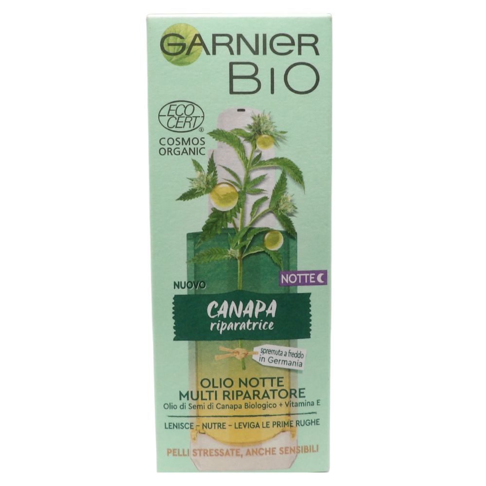 GARNIER Olio Viso Notte Bio, Olio Notte Multi Riparatore Con Olio Di Semi Di Canapa Biologico E Vitamina E, Per Pelli Stressate, Anche Sensibili E Prime Rughe, 30 ml