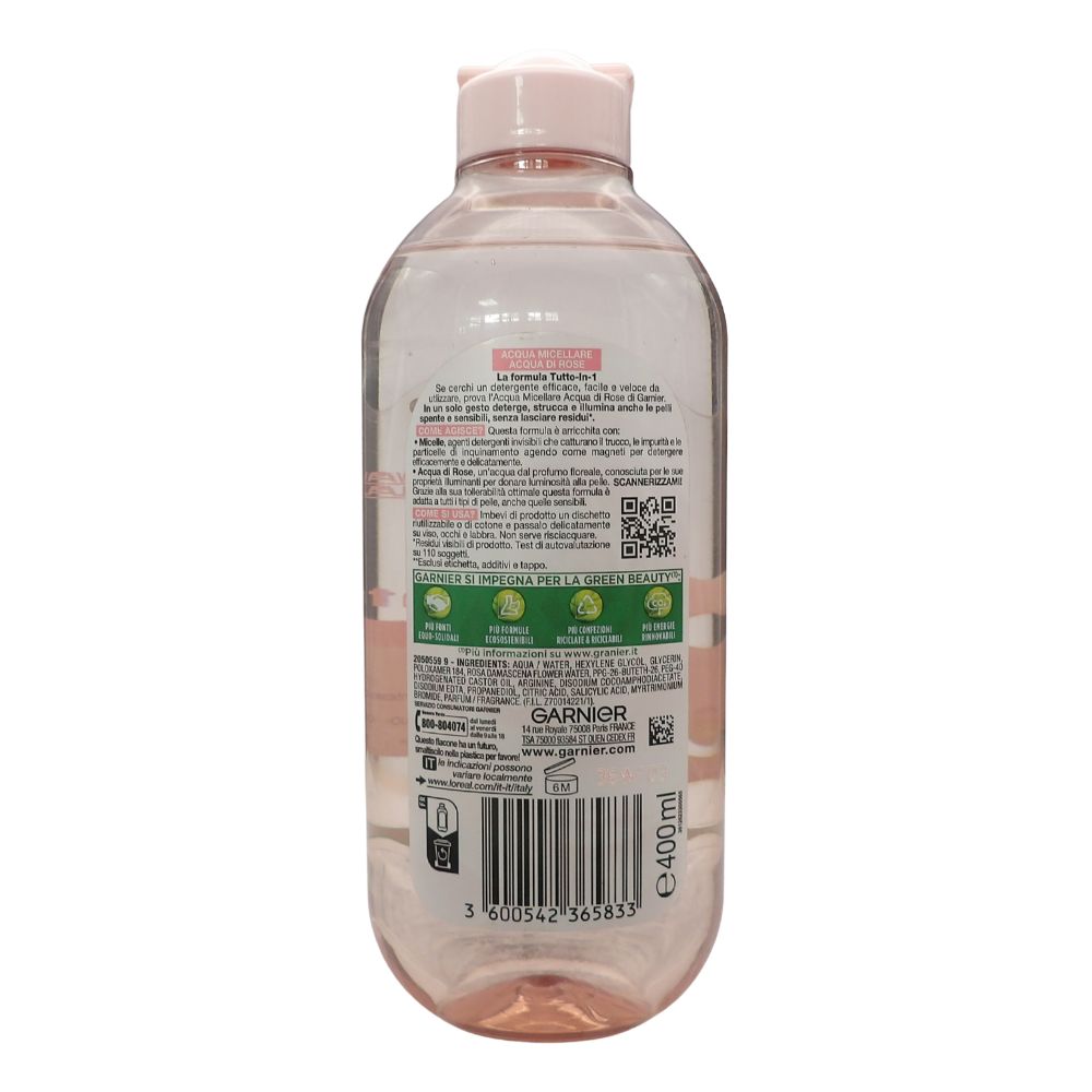 GARNIER Acqua Micellare, Acqua di Rose, Tutto in 1: Deterge, Illumina e Strucca. Per Pelli Spente e Sensibili, Ipoallergenica - Zero Residui 400ml