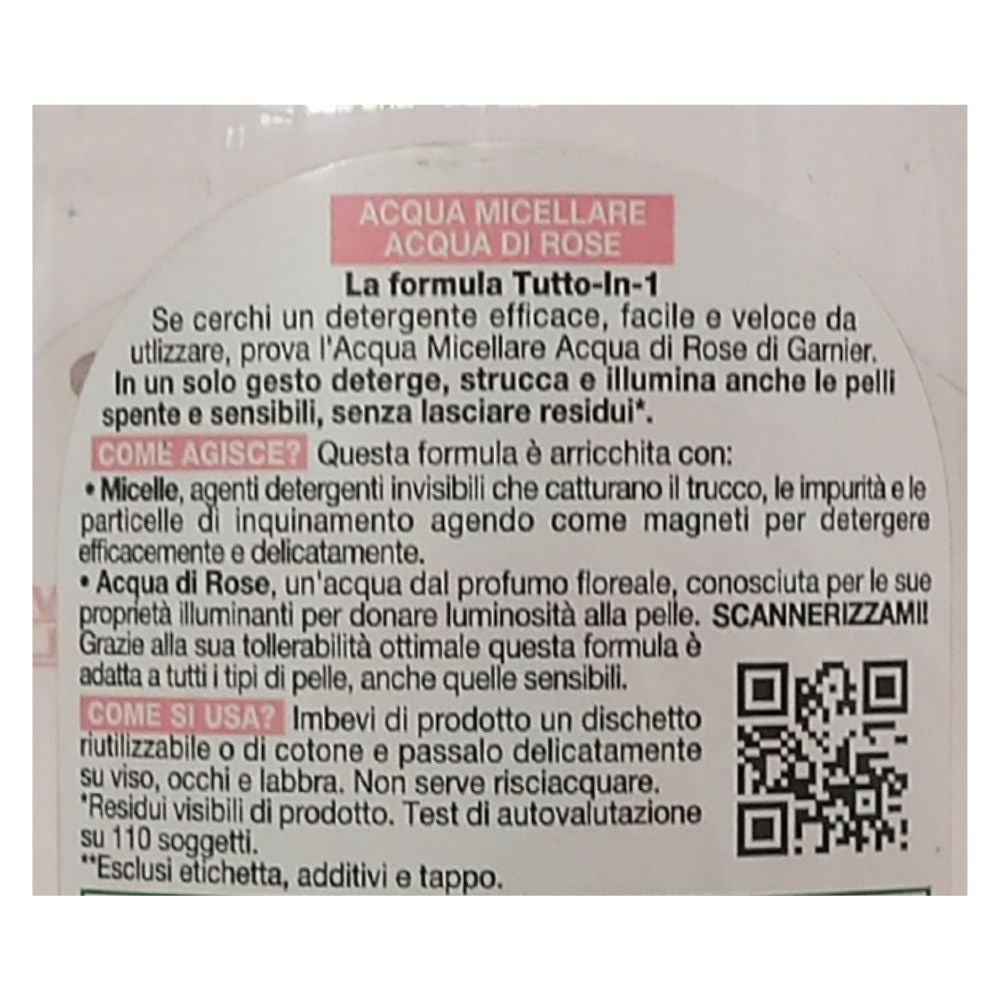 GARNIER Acqua Micellare, Acqua di Rose, Tutto in 1: Deterge, Illumina e Strucca. Per Pelli Spente e Sensibili, Ipoallergenica - Zero Residui 400ml