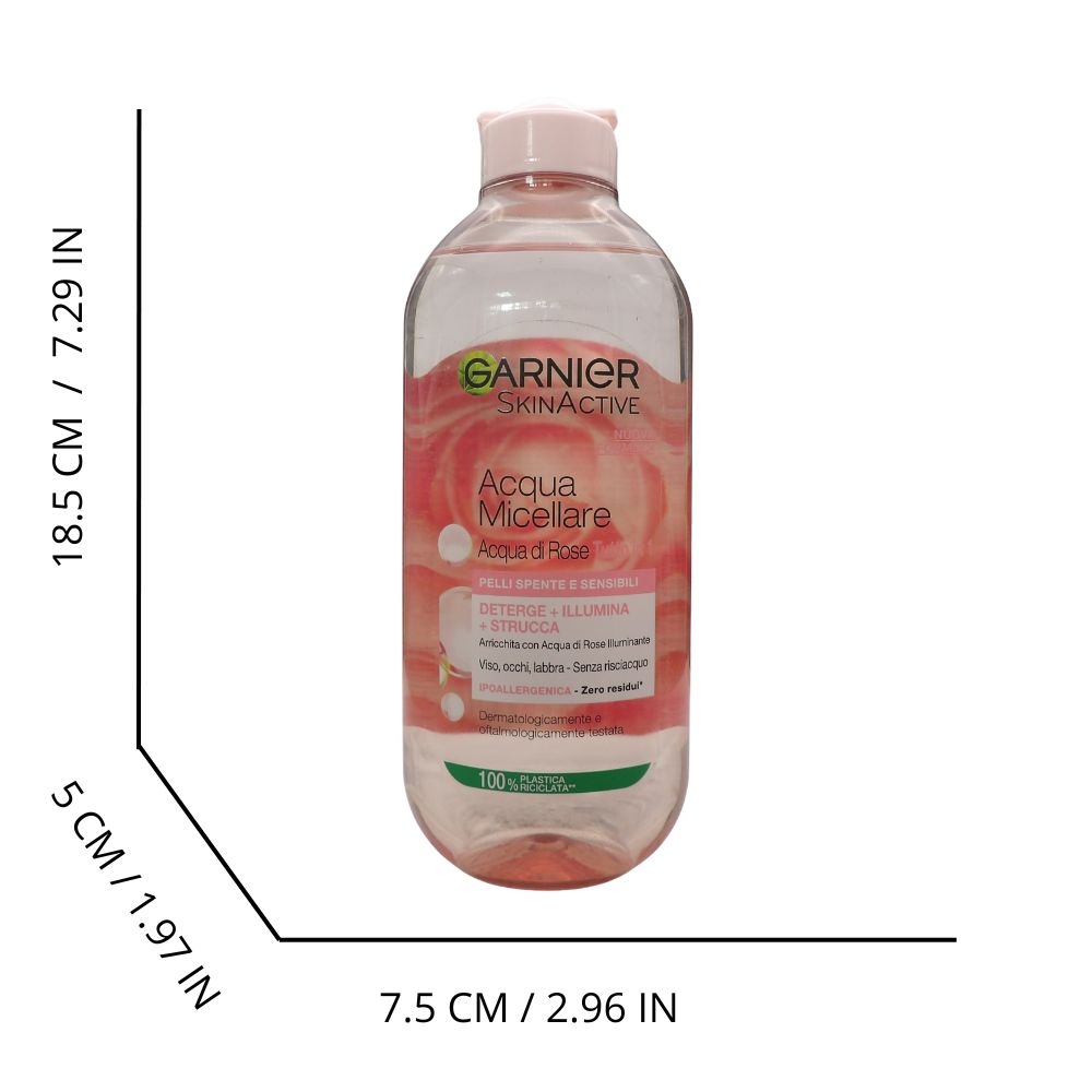 GARNIER Acqua Micellare, Acqua di Rose, Tutto in 1: Deterge, Illumina e Strucca. Per Pelli Spente e Sensibili, Ipoallergenica - Zero Residui 400ml