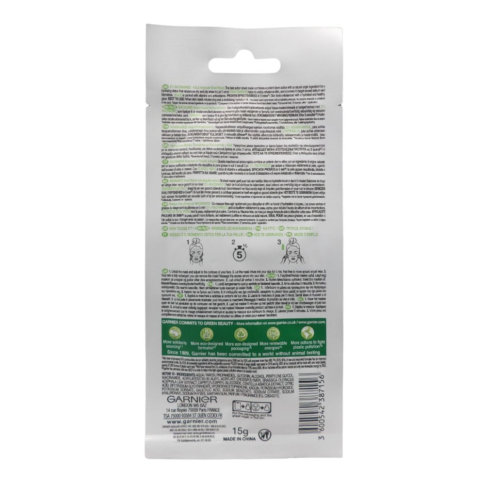 GARNIER Maschera in Tessuto Ampolla Detox Purificante, Per Pelli Miste e Grasse, Estratto di Cavolo Nero e Niacinamide