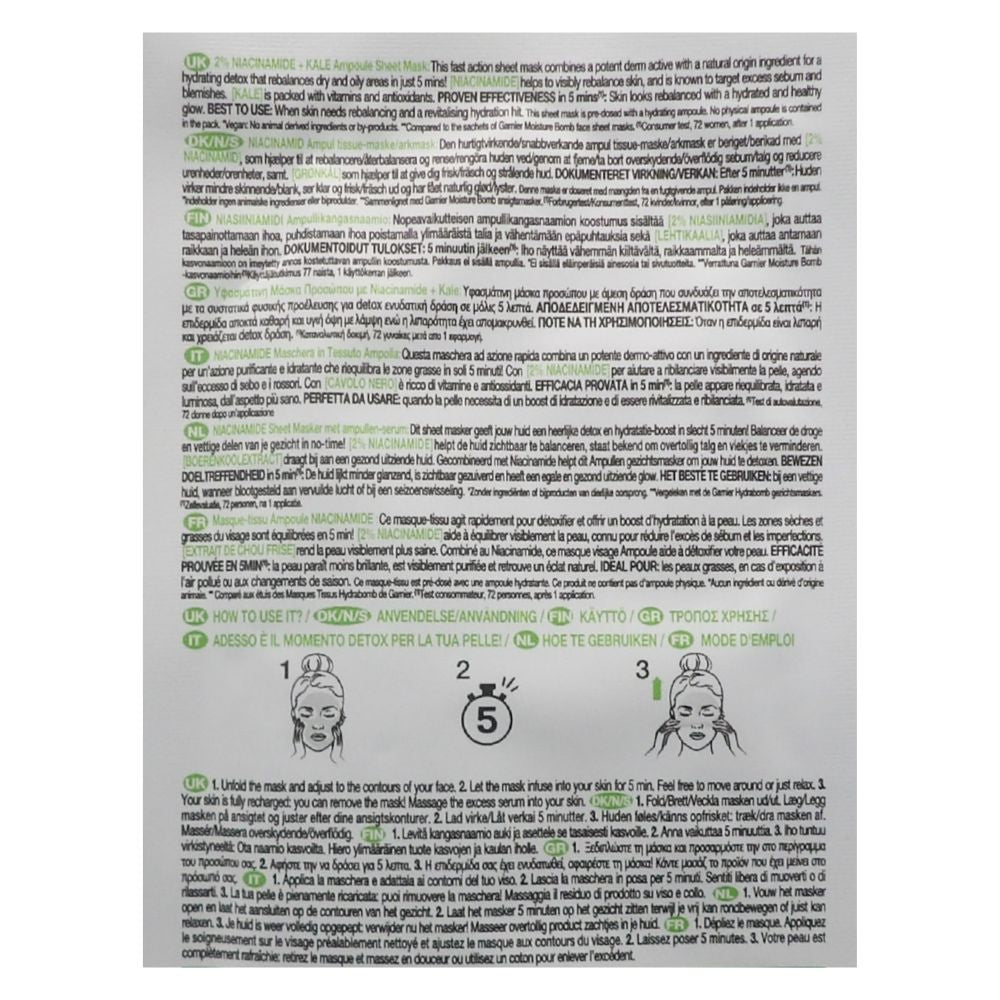 GARNIER Maschera in Tessuto Ampolla Detox Purificante, Per Pelli Miste e Grasse, Estratto di Cavolo Nero e Niacinamide