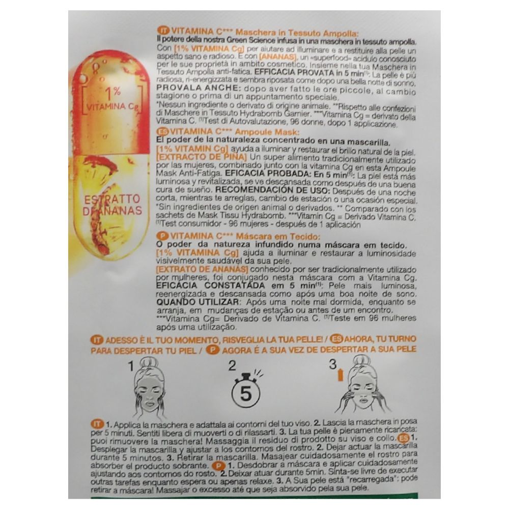 GARNIER SkinActive Vitamina C Maschera in Tessuto Ampolla Concentrata Effetto Anti Fatica e Antiossidante con Estratto di Ananas