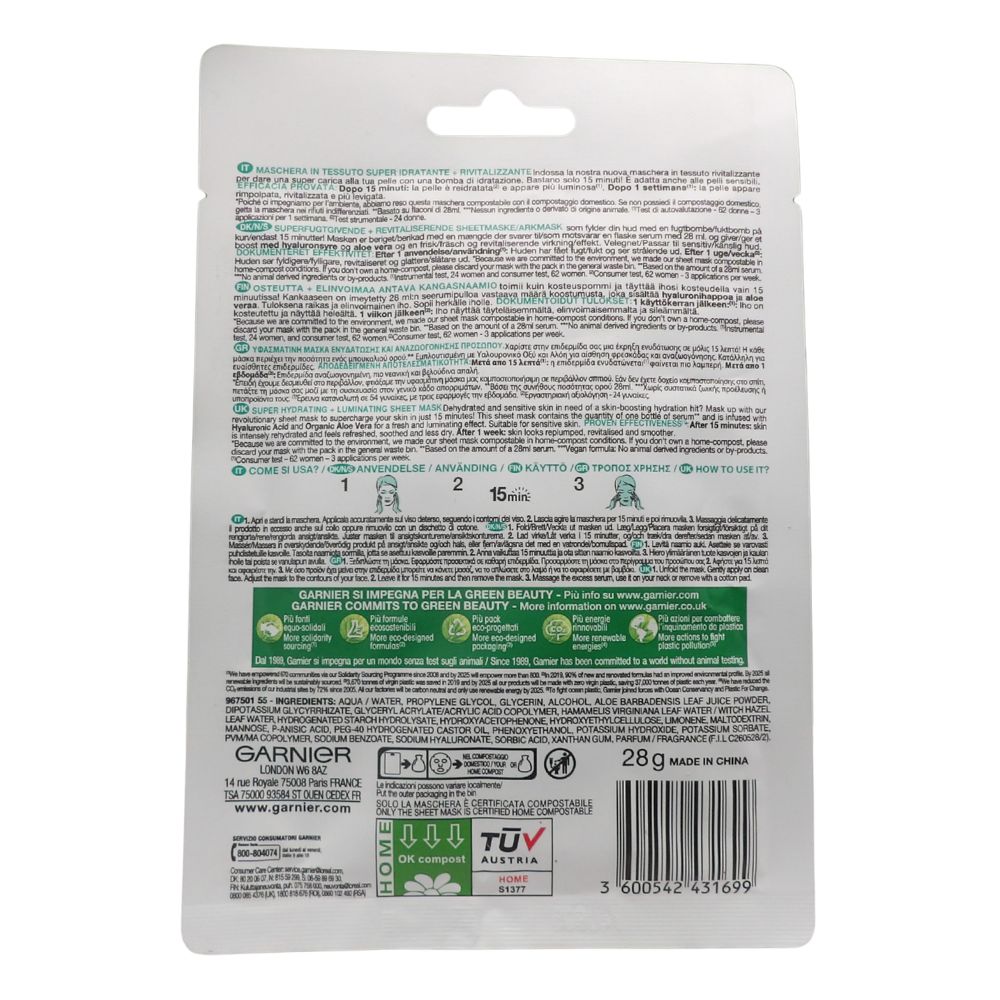 GARNIER Hydra Bomb Maschera in Tessuto Idratante e Rivitalizzante Aloe Vera
