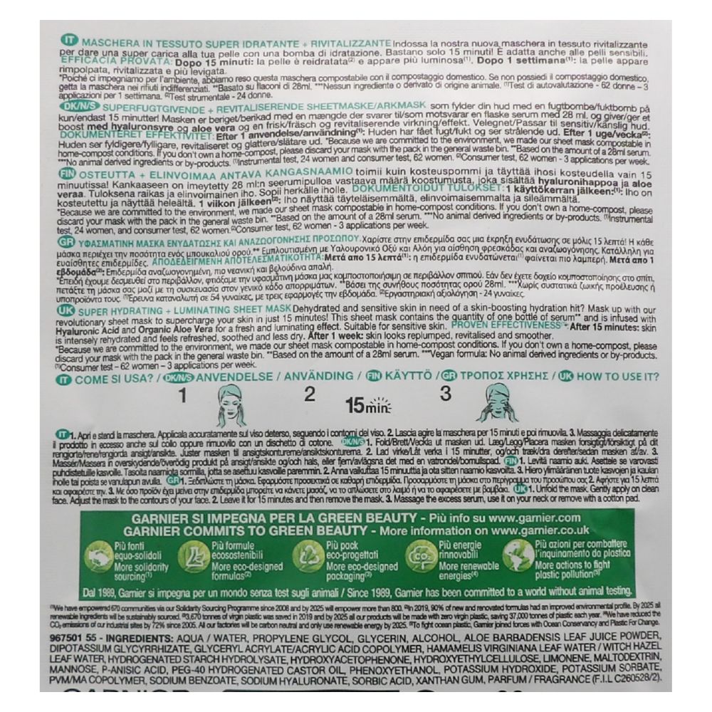 GARNIER Hydra Bomb Maschera in Tessuto Idratante e Rivitalizzante Aloe Vera