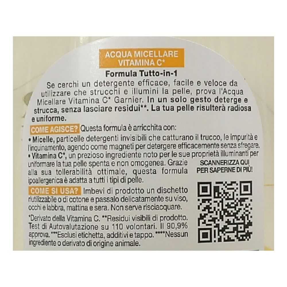 GARNIER Acqua Micellare Tutto in 1 SkinActive, Con Vitamina C, Per Pelli Spente e Non Uniformi, Senza Risciacquo, 400 ml