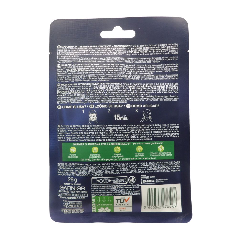 GARNIER Maschera In Tessuto, HYDRA BOMB Notte, Super Idratante Rigenerante, Con Acido Ialuronico, Acqua Marina e Fiordaliso 28g