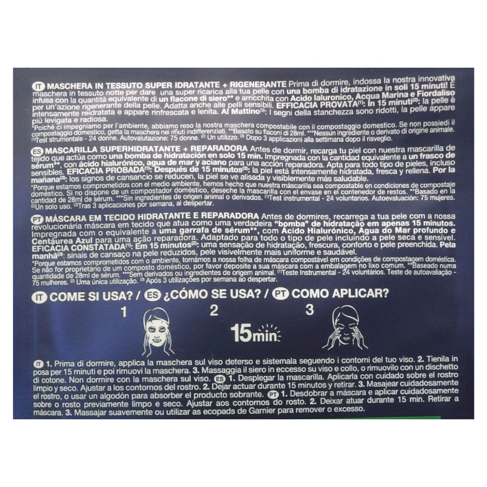 GARNIER Maschera In Tessuto, HYDRA BOMB Notte, Super Idratante Rigenerante, Con Acido Ialuronico, Acqua Marina e Fiordaliso 28g