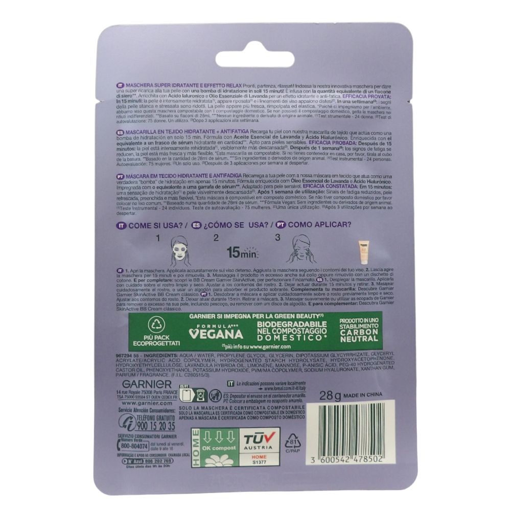 GARNIER Maschera in Tessuto HYDRA BOMB, Super Idratante ed Effetto Relax, Con Acido Ialuronico e Lavanda, Per Pelli Stressate - 28 gr