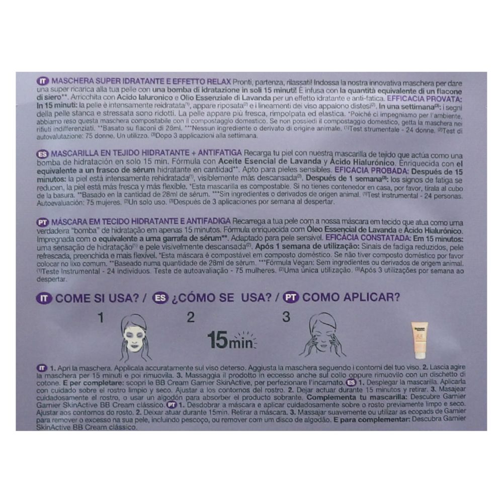 GARNIER Maschera in Tessuto HYDRA BOMB, Super Idratante ed Effetto Relax, Con Acido Ialuronico e Lavanda, Per Pelli Stressate - 28 gr