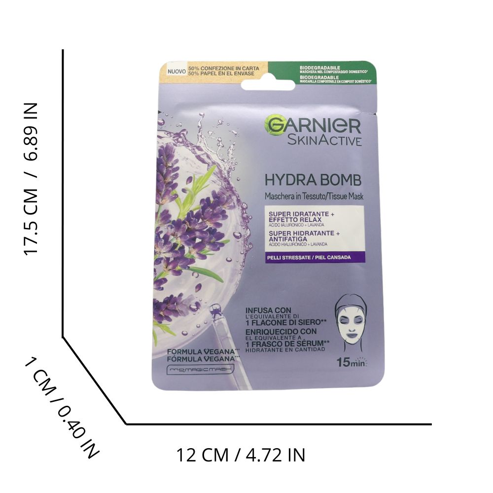 GARNIER Maschera in Tessuto HYDRA BOMB, Super Idratante ed Effetto Relax, Con Acido Ialuronico e Lavanda, Per Pelli Stressate - 28 gr