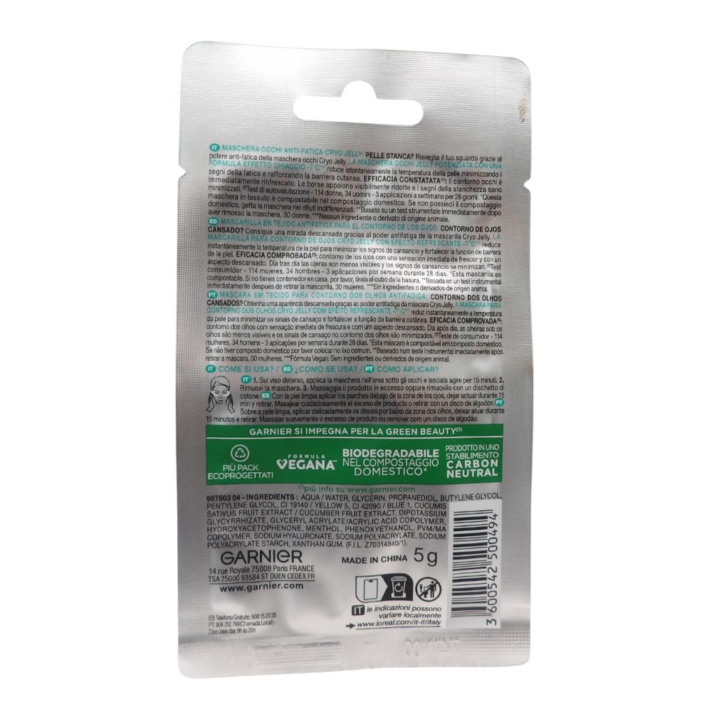 GARNIER SkinActive Maschera Occhi Hyaluronic Cryo Jelly, Anti-Fatica con Acido Ialuronico, Mentolo e Glicerina, Formula Effetto Ghiaccio, 5 g