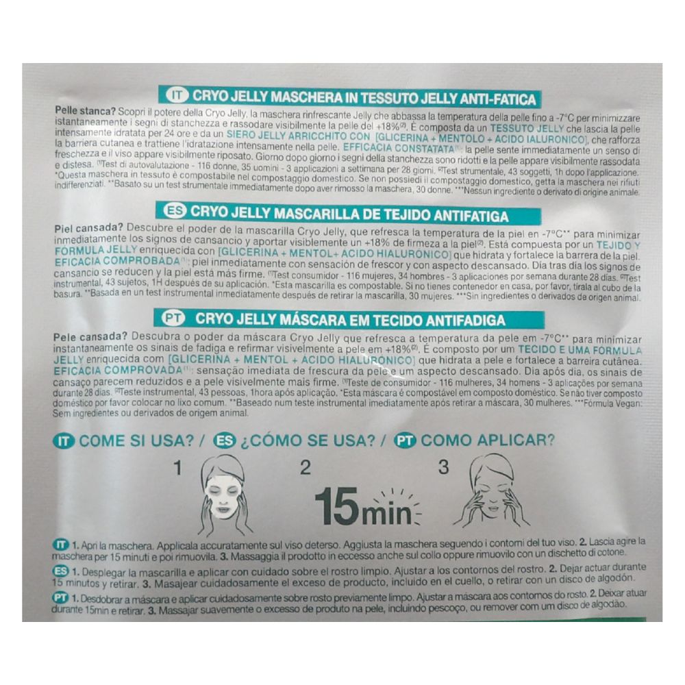 GARNIER Maschera In Tessuto Viso, HYALURONIC CRYO JELLY, Anti-Fatica, Per Pelli Stanche. -7°C Effetto Ghiaccio, 4% Glicerina + Mentolo + Acido Ialuronico 27g