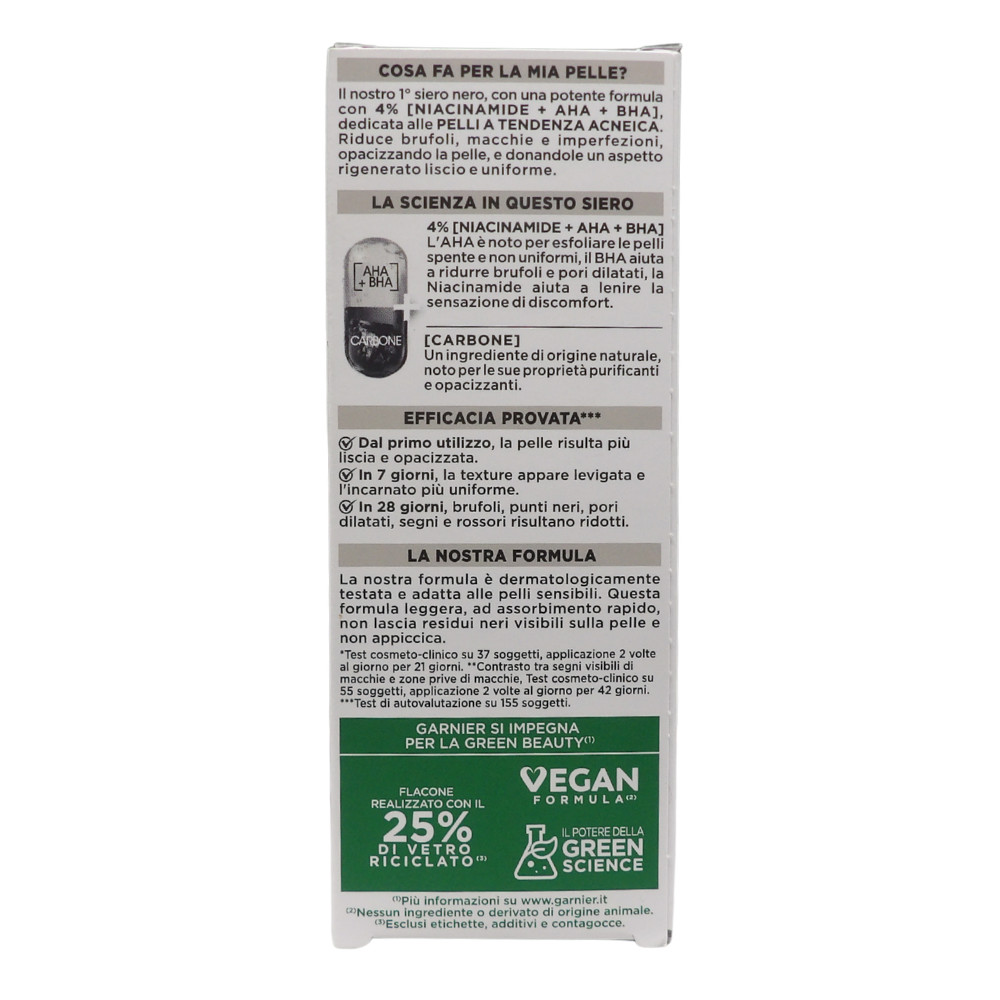 GARNIER PureActive Siero Viso Anti-Imperfezioni con Carbone Niacinamide AHA BHA Trattamento Brufoli Punti Neri Segni Rossori Formula Leggera Opacizzante Uniformante Senza Residui, 30ml